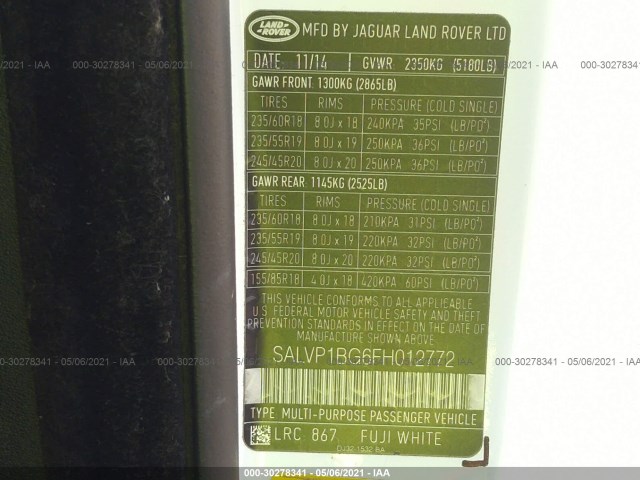 Photo 8 VIN: SALVP1BG6FH012772 - LAND ROVER RANGE ROVER EVOQUE 