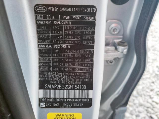 Photo 9 VIN: SALVP2BG2GH154138 - LAND ROVER RANGE ROVE 