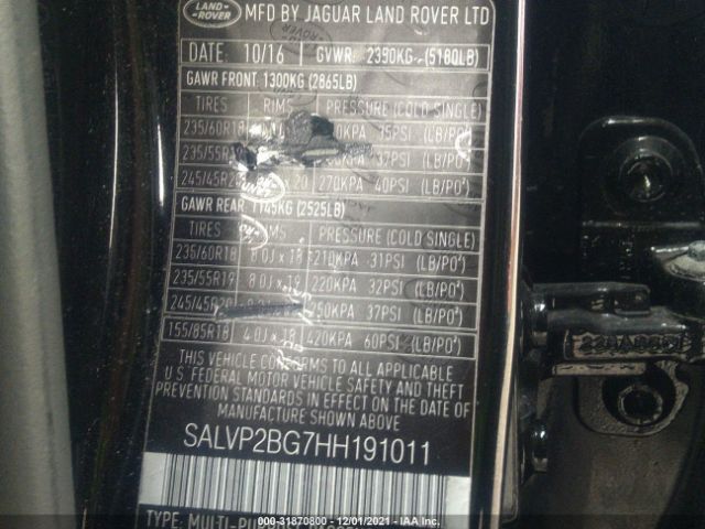 Photo 8 VIN: SALVP2BG7HH191011 - LAND ROVER RANGE ROVER EVOQUE 