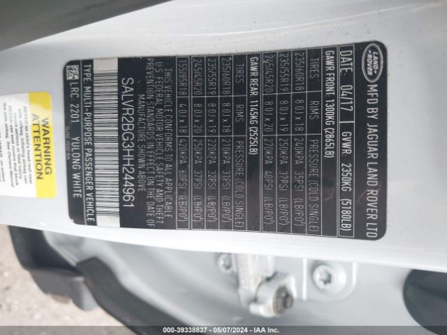 Photo 8 VIN: SALVR2BG3HH244961 - LAND ROVER RANGE ROVER EVOQUE 