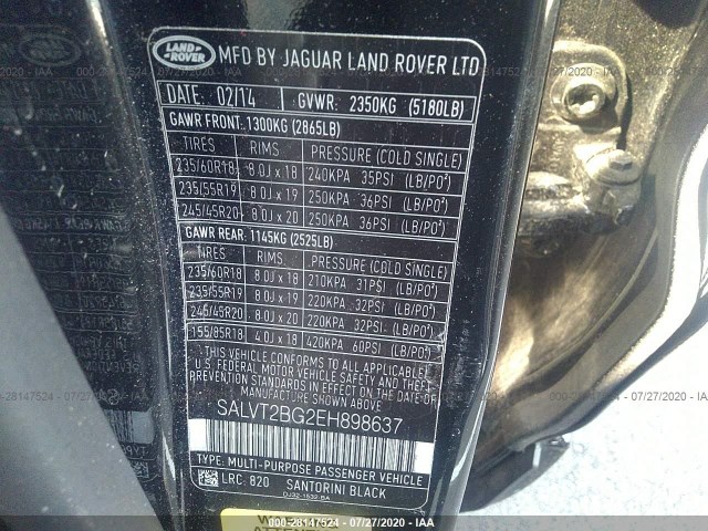 Photo 8 VIN: SALVT2BG2EH898637 - LAND ROVER RANGE ROVER EVOQUE 