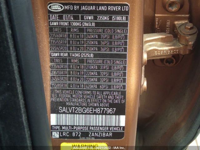 Photo 8 VIN: SALVT2BG6EH877967 - LAND ROVER RANGE ROVER EVOQUE 