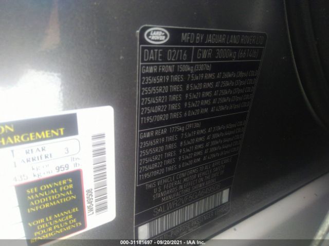 Photo 8 VIN: SALWR2VF5GA649508 - LAND ROVER RANGE ROVE 