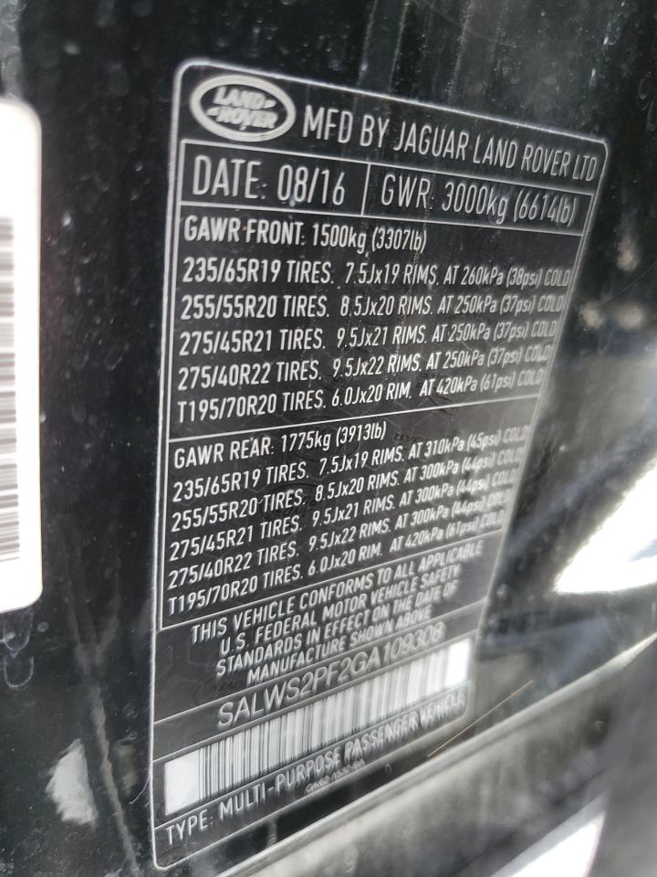 Photo 12 VIN: SALWS2PF2GA109308 - LAND ROVER RANGE ROVER 