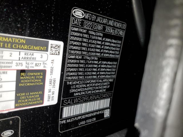 Photo 9 VIN: SALWS2RU6NA234501 - LAND ROVER RANGE ROVE 