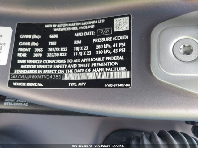 Photo 8 VIN: SD7VUJAWXNTV04385 - ASTON MARTIN DBX 