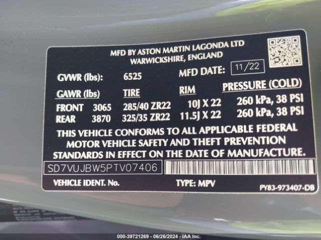 Photo 8 VIN: SD7VUJBW5PTV07406 - ASTON MARTIN DBX 