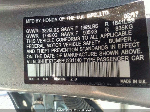 Photo 8 VIN: SHHFK7G45HU231140 - HONDA CIVIC HATCHBACK 