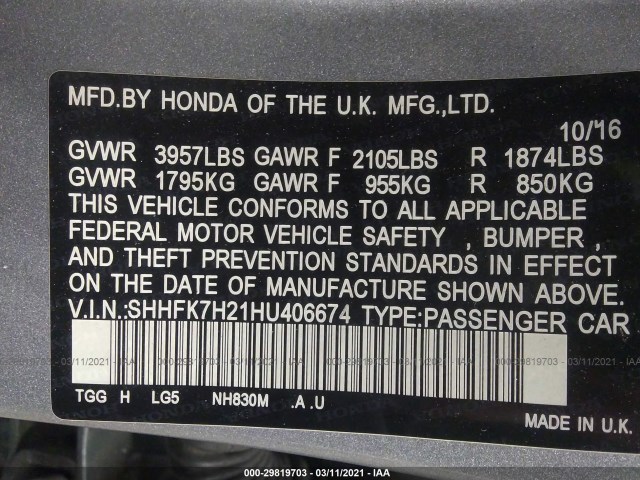 Photo 8 VIN: SHHFK7H21HU406674 - HONDA CIVIC HATCHBACK 