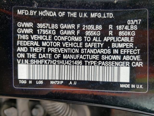 Photo 9 VIN: SHHFK7H21HU421496 - HONDA CIVIC LX 