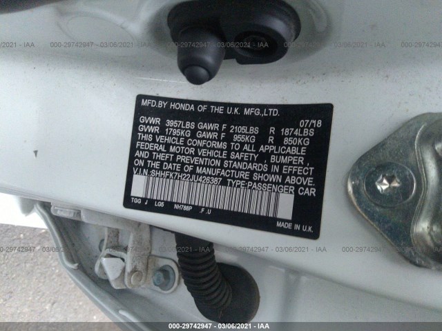 Photo 8 VIN: SHHFK7H22JU426387 - HONDA CIVIC HATCHBACK 