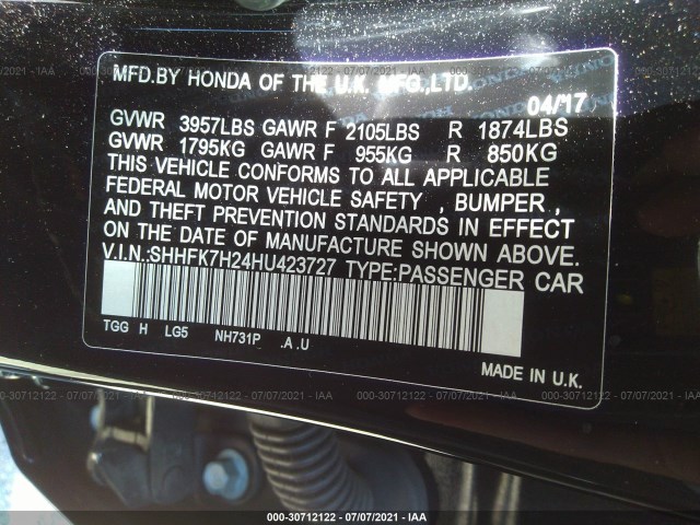 Photo 8 VIN: SHHFK7H24HU423727 - HONDA CIVIC HATCHBACK 