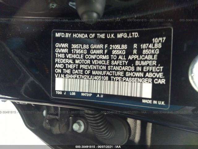 Photo 8 VIN: SHHFK7H2XJU405108 - HONDA CIVIC HATCHBACK 