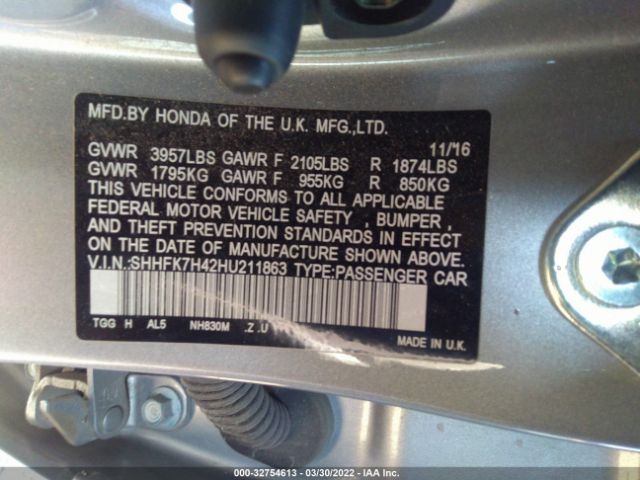 Photo 8 VIN: SHHFK7H42HU211863 - HONDA CIVIC HATCHBACK 