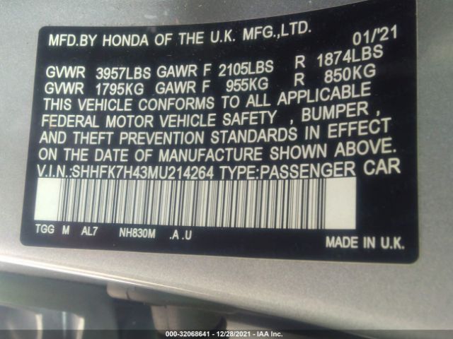 Photo 8 VIN: SHHFK7H43MU214264 - HONDA CIVIC HATCHBACK 