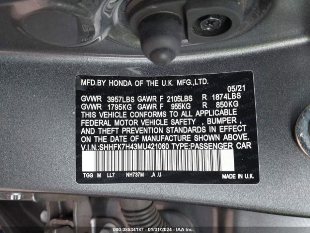 Photo 8 VIN: SHHFK7H43MU421060 - HONDA CIVIC 