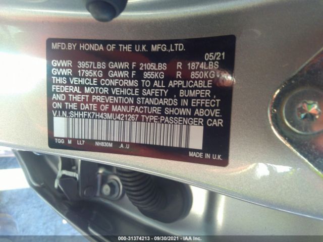 Photo 8 VIN: SHHFK7H43MU421267 - HONDA CIVIC HATCHBACK 