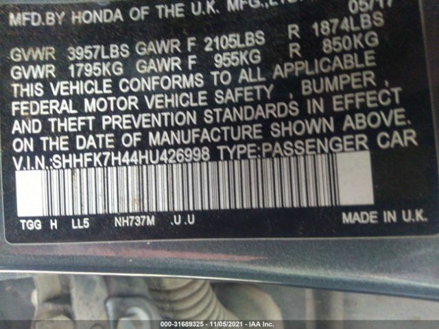 Photo 8 VIN: SHHFK7H44HU426998 - HONDA CIVIC HATCHBACK 