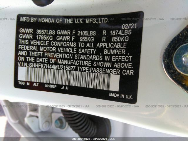 Photo 8 VIN: SHHFK7H44MU215827 - HONDA CIVIC HATCHBACK 