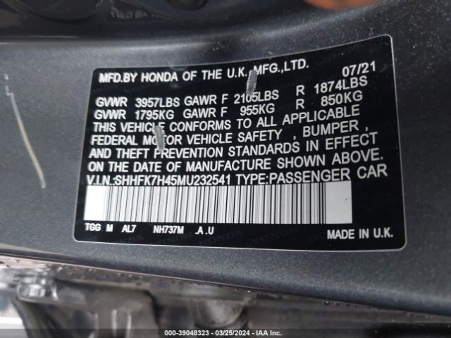 Photo 8 VIN: SHHFK7H45MU232541 - HONDA CIVIC 