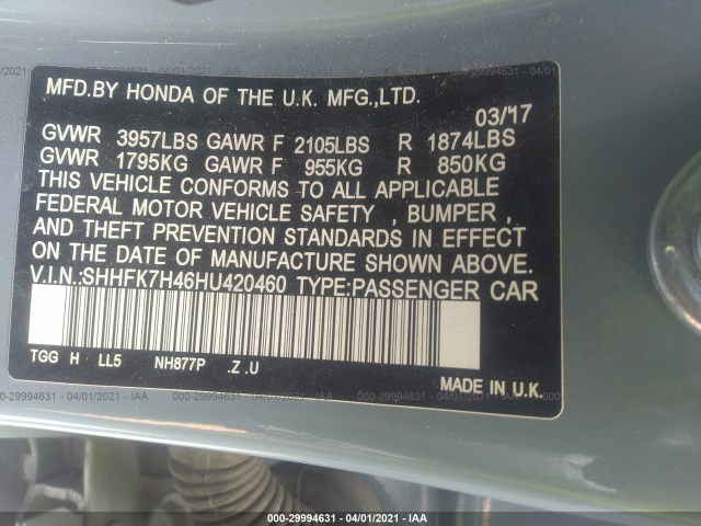 Photo 8 VIN: SHHFK7H46HU420460 - HONDA CIVIC HATCHBACK 