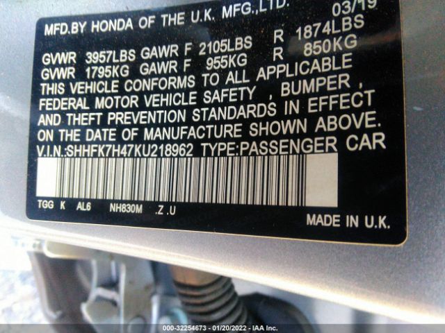 Photo 8 VIN: SHHFK7H47KU218962 - HONDA CIVIC HATCHBACK 