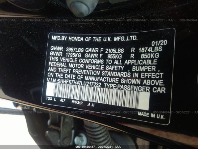 Photo 8 VIN: SHHFK7H47LU217232 - HONDA CIVIC HATCHBACK 