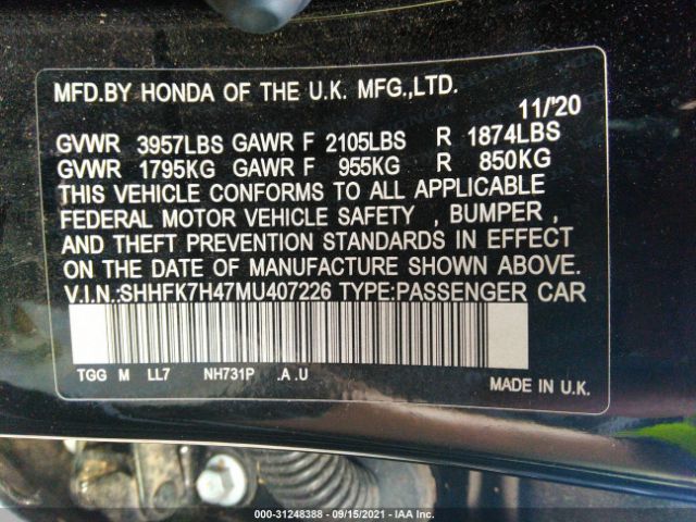 Photo 8 VIN: SHHFK7H47MU407226 - HONDA CIVIC HATCHBACK 