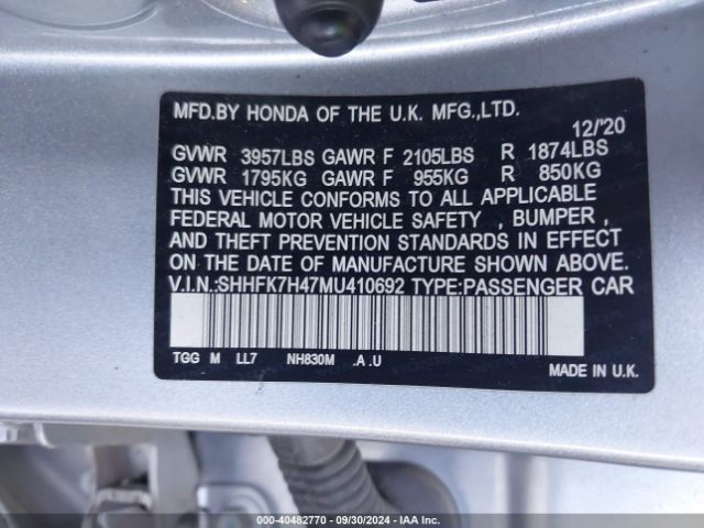 Photo 8 VIN: SHHFK7H47MU410692 - HONDA CIVIC 