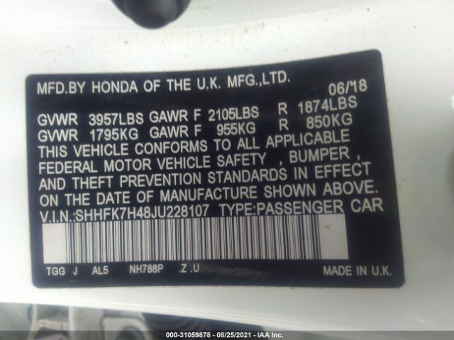 Photo 8 VIN: SHHFK7H48JU228107 - HONDA CIVIC HATCHBACK 