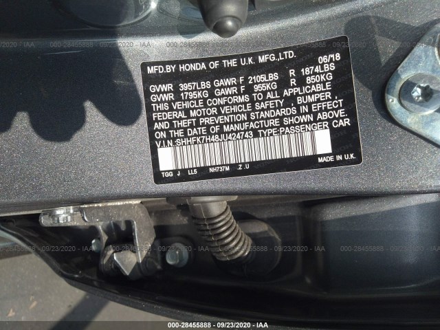 Photo 8 VIN: SHHFK7H48JU424743 - HONDA CIVIC HATCHBACK 