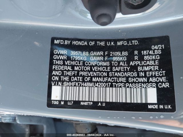 Photo 8 VIN: SHHFK7H48MU420017 - HONDA CIVIC 