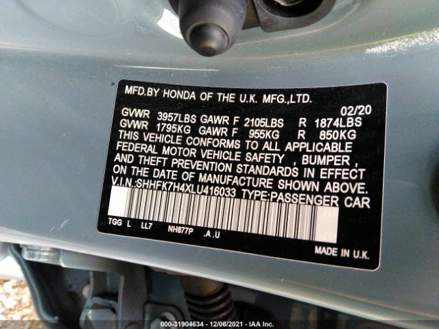 Photo 8 VIN: SHHFK7H4XLU416033 - HONDA CIVIC HATCHBACK 