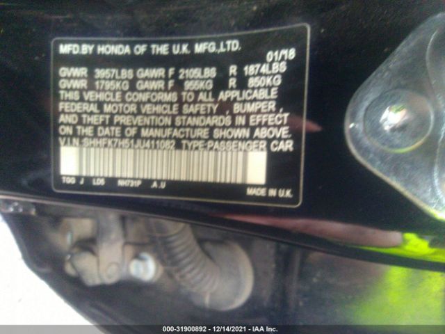 Photo 8 VIN: SHHFK7H51JU411082 - HONDA CIVIC HATCHBACK 