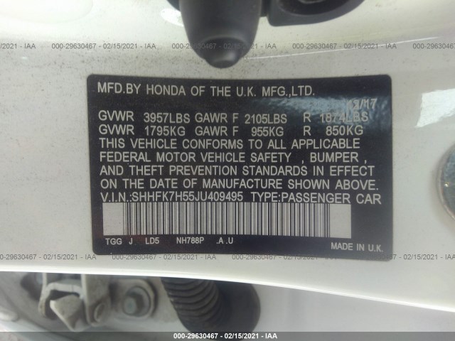 Photo 8 VIN: SHHFK7H55JU409495 - HONDA CIVIC HATCHBACK 