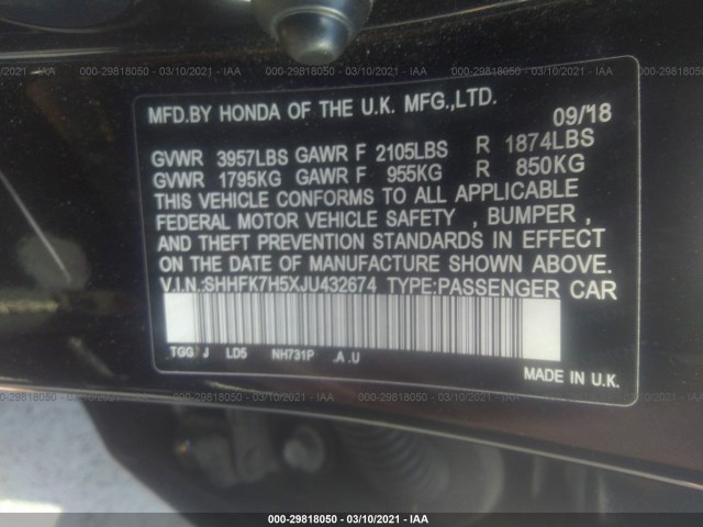 Photo 8 VIN: SHHFK7H5XJU432674 - HONDA CIVIC HATCHBACK 