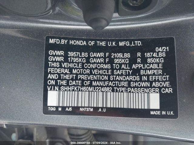 Photo 8 VIN: SHHFK7H60MU224882 - HONDA CIVIC 