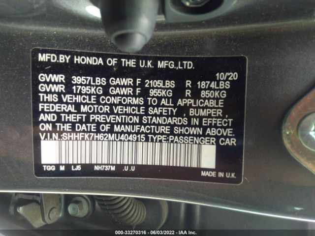 Photo 8 VIN: SHHFK7H62MU404915 - HONDA CIVIC HATCHBACK 