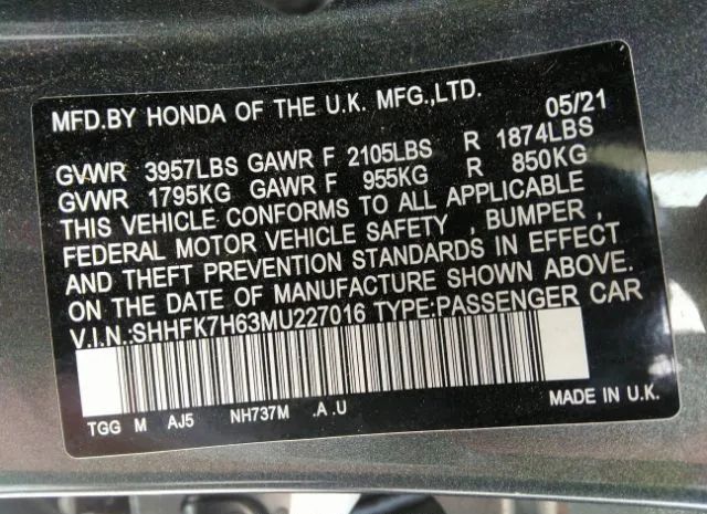 Photo 8 VIN: SHHFK7H63MU227016 - HONDA CIVIC HATCHBACK 