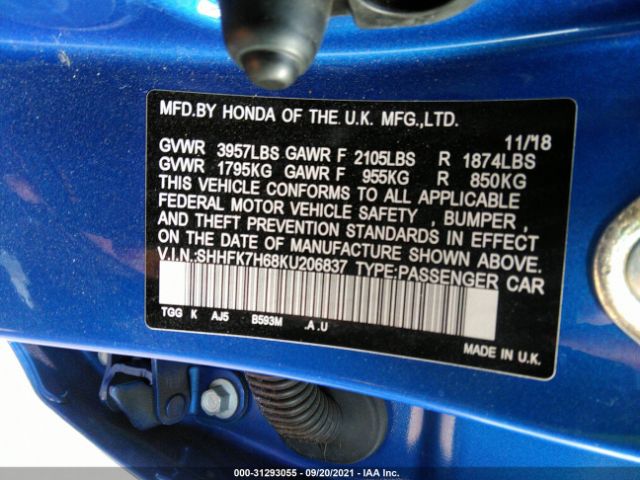 Photo 8 VIN: SHHFK7H68KU206837 - HONDA CIVIC HATCHBACK 