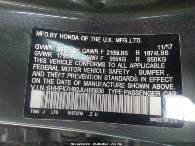 Photo 8 VIN: SHHFK7H92JU405830 - HONDA CIVIC HATCHBACK 