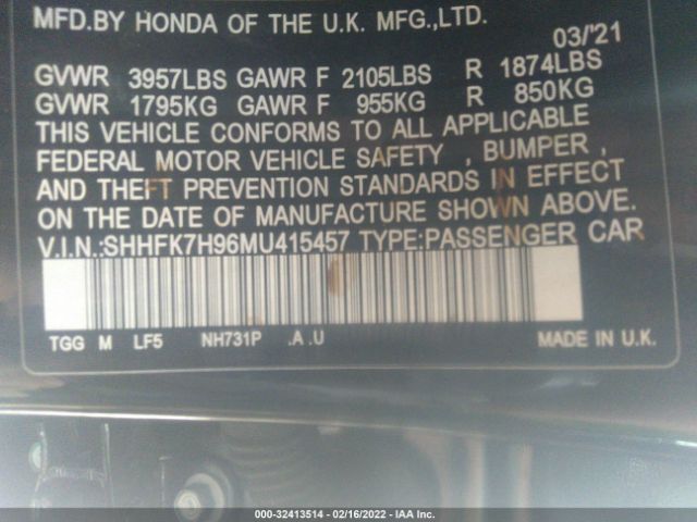 Photo 8 VIN: SHHFK7H96MU415457 - HONDA CIVIC HATCHBACK 