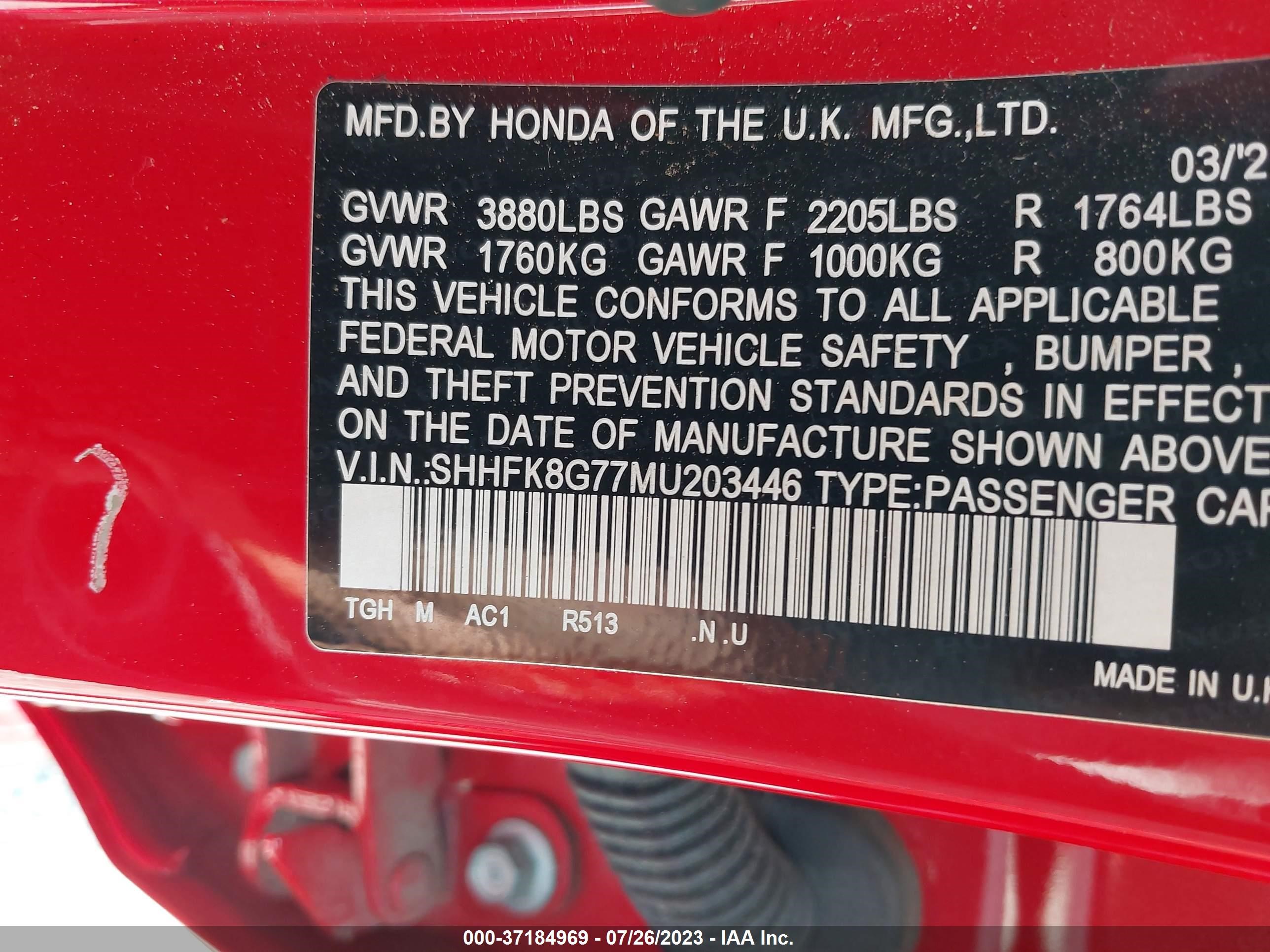 Photo 8 VIN: SHHFK8G77MU203446 - HONDA CIVIC TYPE 