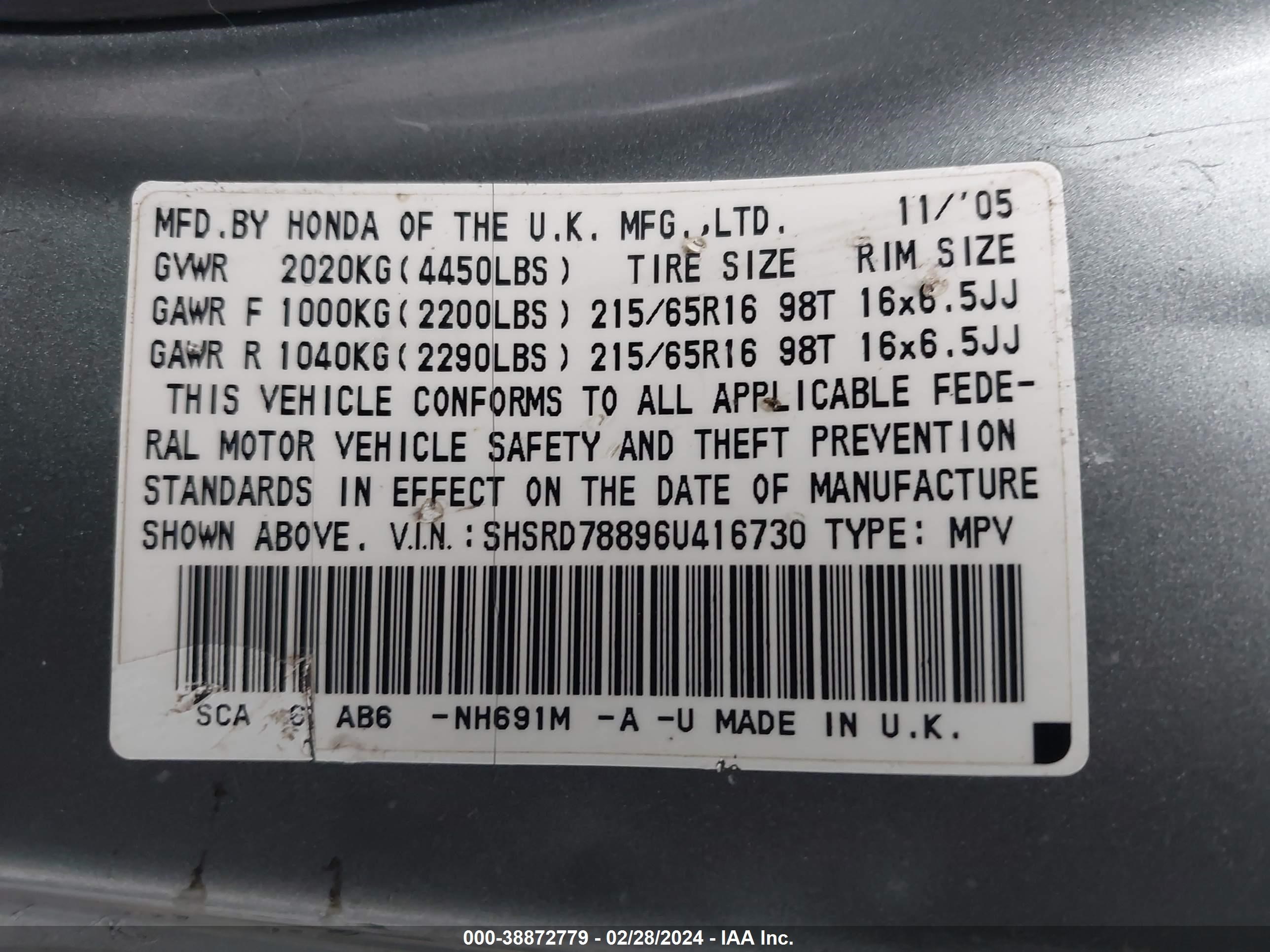 Photo 8 VIN: SHSRD78896U416730 - HONDA CR-V 