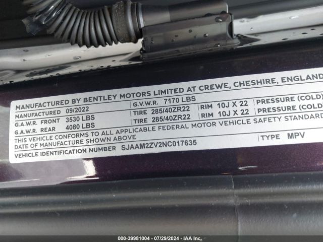 Photo 8 VIN: SJAAM2ZV2NC017635 - BENTLEY BENTAYGA 