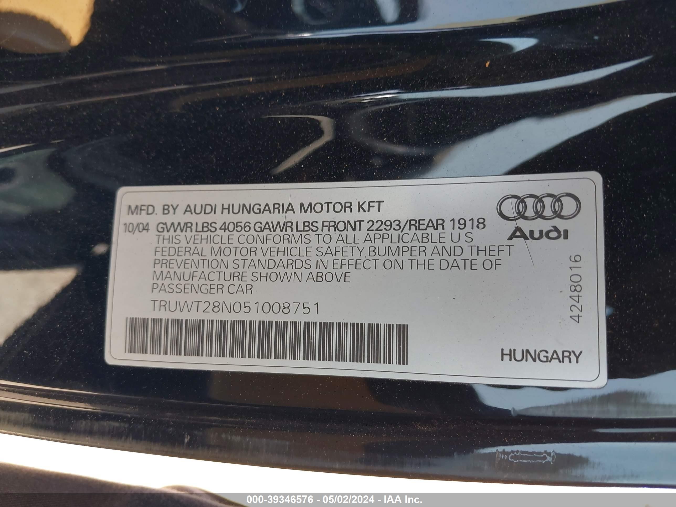 Photo 8 VIN: TRUWT28N051008751 - AUDI TT 