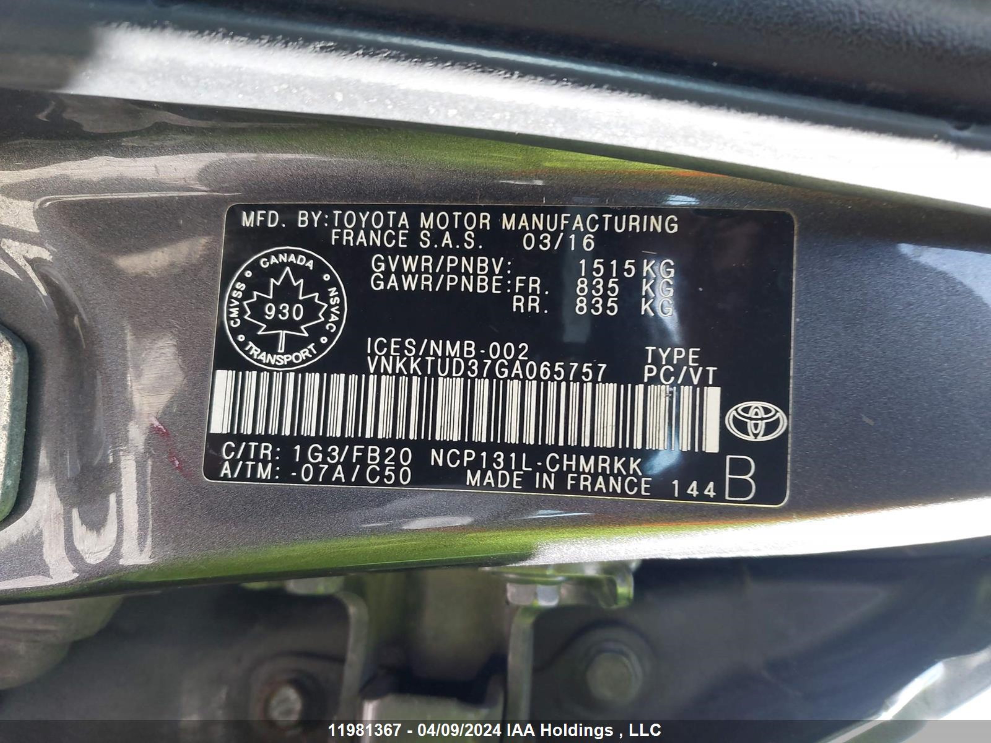 Photo 8 VIN: VNKKTUD37GA065757 - TOYOTA YARIS 