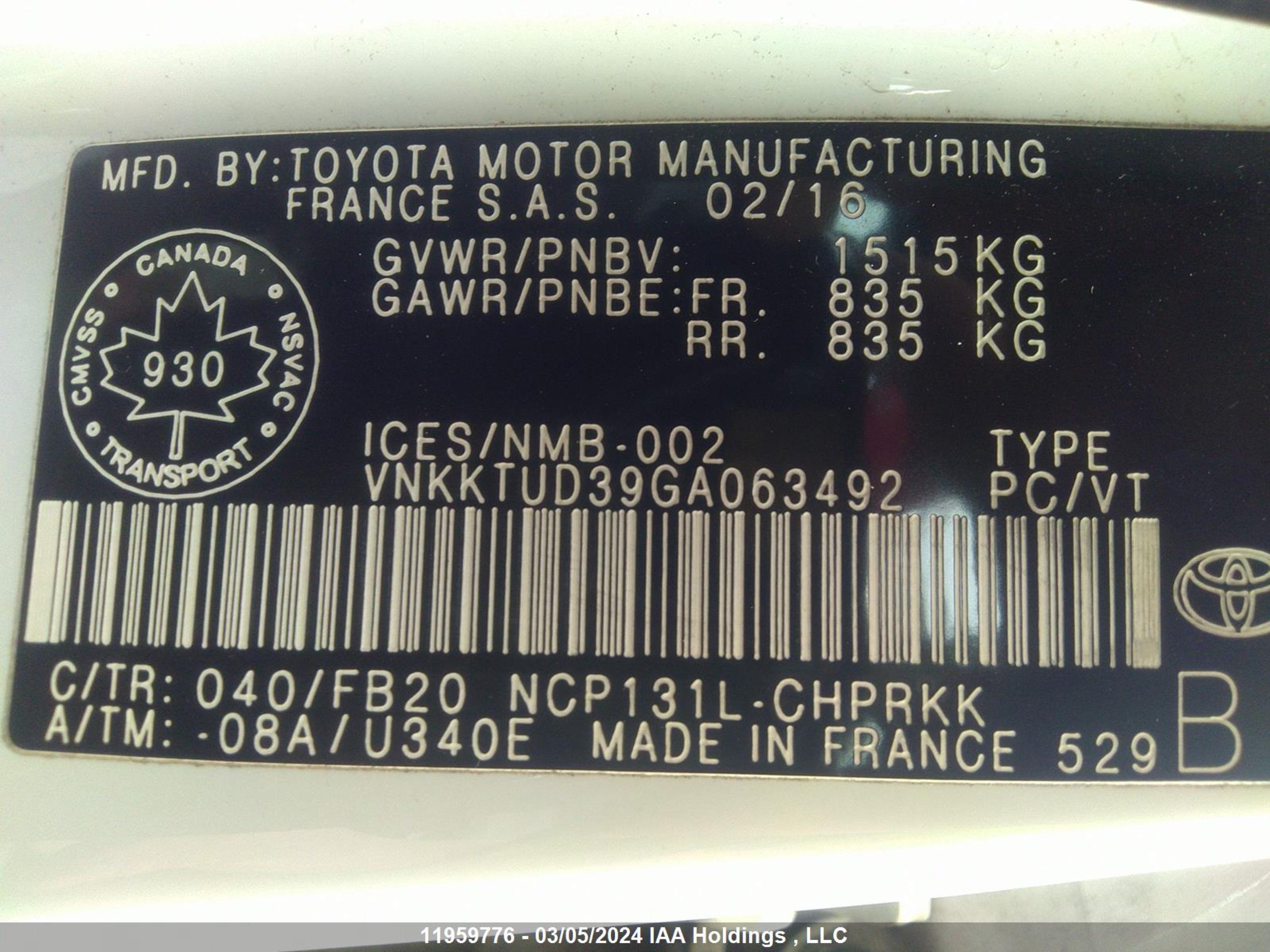 Photo 8 VIN: VNKKTUD39GA063492 - TOYOTA YARIS 