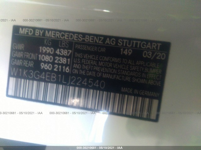 Photo 8 VIN: W1K3G4EB1LJ224540 - MERCEDES-BENZ A-CLASS 