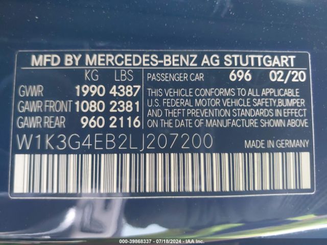 Photo 8 VIN: W1K3G4EB2LJ207200 - MERCEDES-BENZ A 220 